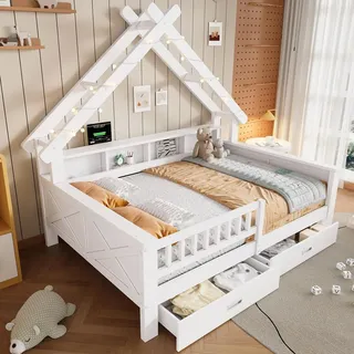 okwish Hausbett 140x200 Kinderbett Holzbett mit LED-Beleuchtung,Jugendbett mit Regale und 2 Schubladen,Plattformbetten Doppelbett mit geformten Sch... - Weiß