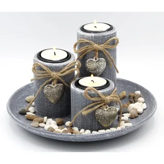 LB H&F Lilienburg Teelichthalter Teelichthalter Kerzenhalter Kerzenständer Windlicht SET Geschenkset (Advent Weihnachten Weihnachtsdeko GRAU RUND, Design Tischdeko Tischdekoration silber Herz Winter Herbst), Dekoteller Dekotablett Kerzentablett Landhaus Vintage modern edel grau