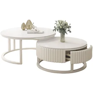 HRXQ Weiss Couchtisch Rund 2er Set Moderner Hochglanz Sofatisch Beistelltisch Für Wohnzimmer, 50+70cm Nested Runder Couchtisch Wohnzimmertisch Kaffeetisch Satztische Für Schlafzimmer
