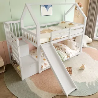 Etagenbett Hausbett 90×200 Cm, Einzelbett Mit Aufbewahrungstreppe, Rutsche Und Rausfallschutz, Ohne Matratze, Weiß