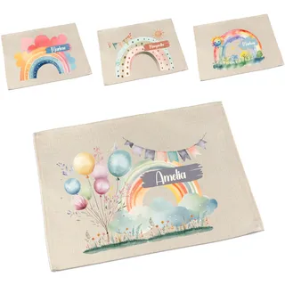 Tischset Kinder personalisiert mit Regenbogen-Motiv | Platzdeckchen mit Namen | Platzset waschbar & abwaschbar | Kinder Tischset rutschfest | Frühstücksdeckchen Schule | Tischunterlage Stoff