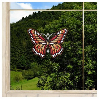 Fensterbild Schmetterling Fiona in rot-gelb aus Echter Plauener Spitze gestickte Fensterdekoration 15 x 20 cm