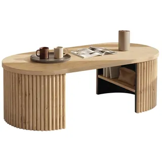 Merax Couchtisch Ovaler Sofatisch Beistelltisch im Rillen-Design skandinavisch (1-St), Wohnzimmertisch mit Ablagefach & Stauraum, 100x50x35cm beige
