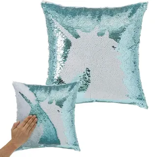 BAKAJI Dekokissen Kissen für Sofa, Bett, Kissenbezug, mit Pailletten, Meerjungfrau-Effekt, doppelte Farbe mit Einhorn-Dekoration, Größe 40 x 40 cm, modernes Design (Hellblau)