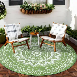 VSIWB Outdoor Teppich Rund Wetterfest Wendbarer Außenteppich Kunststoff Bodenmatte Terrassenteppich Picknickdecke UV-beständige Teppich für RV Camping BBQ Patio Deck Balkon Strand, 180cm Grün/Weiß