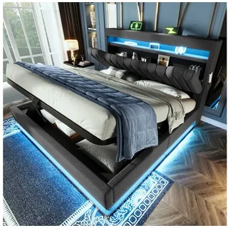 REDOM Polsterbett Bequeme Betten mit Stauraum und LED-Beleuchtung (Struraumbett, Funktionsbett, 180x200 cm, ohne Matratze, Grau), mit USB- und Typ-C-Anschlüssen, LED-Beleuchtung grau 182 cm x 218 cm x 112 cm