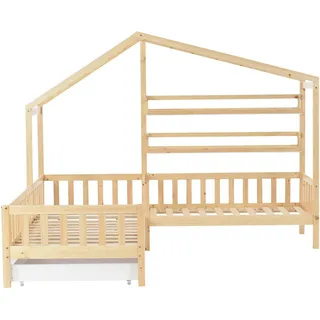 Merax Massivholz L-Struktur Hausbett für Erwachsene 90x200cm+70x140cm, Holzfarbe