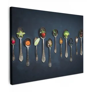 MuchoWow© Leinwand Bilder Wanddeko Wohnzimmer Aesthetic Room Decor Deko | 70x50 cm - Zimmer Wandbilder Modern Bild auf Küche - Gewürze - Löffel - Silber - Gewürz - Industrial