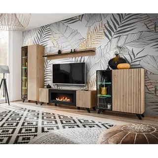 ASM-Moebel Wohnwand Wohnwand LIAM mit Lamellen und Bio Ethanol Kamin LED und Push - Click, Mit Bio-Ethanol Kamin, Led Beleuchtung und Push-Click System beige