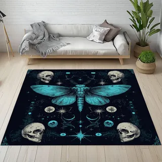 Gotisch Motte Teppich Groß 200x290 cm, Mystische Astrologie Skull Waschbare Teppiche Antirutsch, Totenkop Schädel Teppich Weich Kurzflor Fur Wohnzimmer, Schlafzimmer, Kinderzimmer Bettvorleger