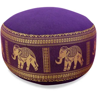 livasia Meditationskissen Thaiseide - Ø 32x20cm - Yogakissen klein mit Kapok, Pouf, Bodenkissen Yoga Zen Meditation, Sitzkissen Garten Balkon, Zafukissen handgefertigt (Lila/Elefanten Seide)