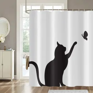 Duschvorhang 240x200 Katze, Wasserdicht Anti Schimmel Duschvorhänge 3D Weiß, Shower Curtains Waschbar mit 12 Ringe, Duschrollo für Badewanne, Dusche Badezimmer