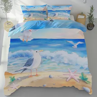 Gaqinhh Tierdruck Möve Bettwäsche Set 135x200cm, Strand Seestern Mikrofaser Bettwäsche 3teilig, Blau Wendebettwäsche mit Reißverschluss und 2 Kissenbezüge 80 x 80 cm