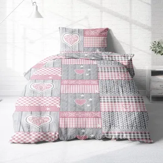 Träumschön Biber Bettwäsche Set 2tlg 135x200 cm + 80x80 cm – Flauschige Blumen Bettwäsche Rosa – Weiche Winterbettwäsche mit Herzen - Atmungsaktiv, Warm & Hautfreundlich - 100% Baumwolle