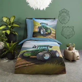 Traumschlaf Bettwäsche Traktor green 135x200 cm + 80x80 cm - grün;blau;braun