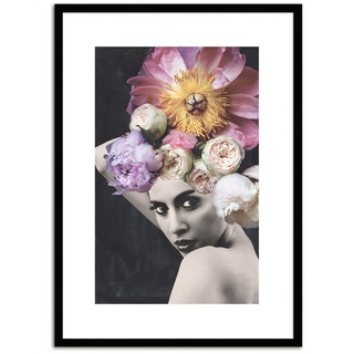 artissimo Bild mit Rahmen Bild gerahmt 51x71cm / Design-Poster mit Holz-Rahmen / Frau Blumen, Kopf mit Vintage-Blumen lila|schwarz