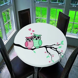 Tischdecke Runde mit Elastisch Kante, Treer Wasserdicht Antifouling Polyester Abwaschbar Tischtuch 3D Frühling Drucken Rund Tischdecken für Küche Esszimmer Garten (Eule,Durchmesser 90cm)
