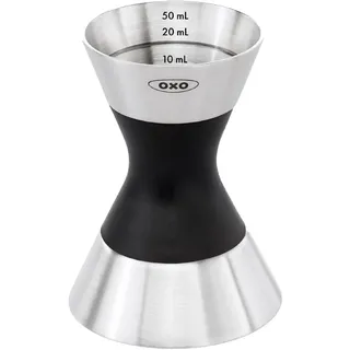OXO Steel Doppel-Jigger | Zweiseitiger Jigger, lasergravierte Skala von 5 ml bis 50 ml, Edelstahlkörper, rutschfester Griff