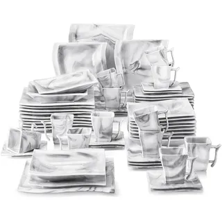 MALACASA FLORA Geschirrset 12 Personen, 60-tlg Marmor Kombiservice inkl. 12x Speiseteller, Dessertteller, Suppenteller, Tassen, Untertassen, Kaffeeservice Eckig aus Porzellan, Grau