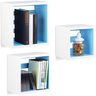 Relaxdays Hängeregale Cube, Wandregal 3er Set, quadratische Würfel Regale für Wand, schwebende Regale, MDF, weiß/blau