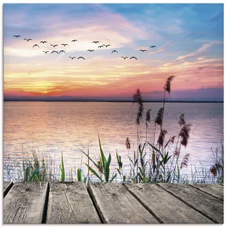 ARTland Wanddeko Glasbilder Wandbild Glas Bild einteilig 50x50 cm Quadratisch Natur Steg Landschaft See Himmel Sonnenaufgang Vögel Wolken T9QD