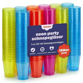 MATANA 150 Bunte Shotgläser Plastik, Schnapsgläser (3cl) - Neon Becher Schwarzlicht - Schnapsbecher, Plastik Pinnchen, Schnaps Becher, Shotbecher - Party Zubehör - Stabil & Mehrweg