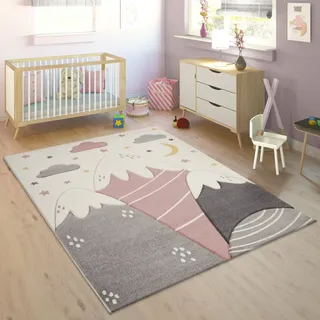Paco Home Kinderteppich Teppich Kinderzimmer Junge Mädchen Berge Sterne, Wolken 3d Pink 120x170 cm - Paco Home