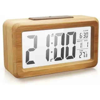 Holzwecker Mit Großem Led-display, Sensor-nachtlicht, Schlummerfunktion Und Temperaturanzeige
