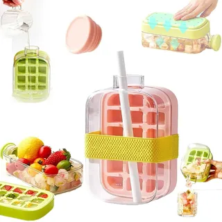 Eiswürfelflasche mit Strohhalm, 2-in-1 Silikon Eiswürfelbecher, Ein-Knopf Freisetzung, BPA-frei, für Büro, Reisen und Sport (Rosa, 500ml)