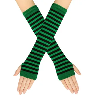 Damen Fingerlose Handschuhe Frauen Lang Gestreifte Fingerlos Handschuhe 1 Paar Warmer Halb Handschuhe Winter Pulswärmer Armstulpen Ellenbogenlange Winter Thermo Dehnbar Handschuhe mit Daumenloch
