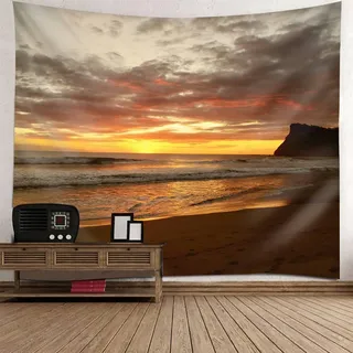 Mesnt Wandteppich Strand Groß, 260x240cm Meer Strand Sonnenuntergang Landschaft Landschaft Wandteppiche Wandtuch für Wohnzimmer Schlafzimmer Dekoration | Grau Orange Braun