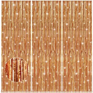 Accevo Rose Gold Party Lametta Vorhang,3 Stück 1x2.5M Fringe Foto Hintergrund für Geburtstag Hochzeit Deko.Tinsel Vorhange Hintergrund Party Dekoration für Geburtstagsdeko Luftschlangen