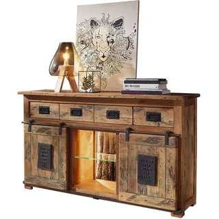 Livetastic Sideboard, Anthrazit, Braun, Metall, Mangoholz, massiv, 3 Fächer, 4 Schubladen, 150x90x45 cm, Beleuchtung, Holzmöbel, Kleinmöbel Holz, Holzkommoden, Sideboards Holz