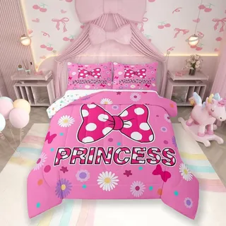 Kinder-Bettwäsche-Set mit rosa Schleife, Gänseblümchen, Fliege, Prinzessin, niedliches Bettwäsche-Set, Mädchen und Frauen, Raumdekoration, geometrischer Stern-Punkt, Patchwork-Daunendecke, romantische