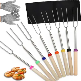 LQCOZYM Teleskop Grillspieße aus Edelstahl – 8 Stück Stockbrotspieße 31–81 cm mit Aufbewahrungstasche & Handschuhen – Ideal für Camping, Lagerfeuer & Party