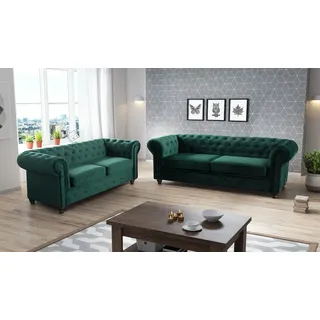Easy4You Chesterfield Flaschengrün Set 3-Sitzer + 2-Sitzer Sofa Sofas für Wohnzimmer Sofagarnituren mit Holzfüße Set Sofas & Couches