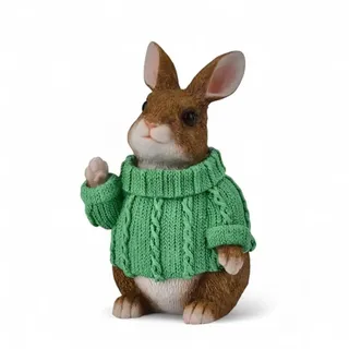 ReWu Hasenfigur Deko 23 cm – Hase sitzend mit Strickpullover in Grün, Osterdeko & Frühlingsdeko für Regal/Fensterbank, Wohnaccessoire (H23xB14xL13 cm)