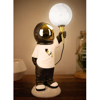 BRUBAKER Astronauten Tischlampe - 46 cm Weltraum Nachttischlampe | mit USB-C Stecker - Handbemalte Dekofigur Statue mit Mond Lampe - Gold, Weiß und Schwarz