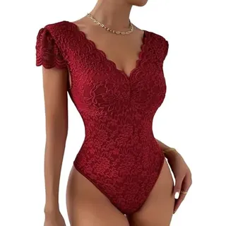Haibang Body Damen Sexy Spitze V-Ausschnitt Kurzarm Bodysuit Elegant Stickerei Spitzenbody Floral Lace Rückenfrei Oberteil Slim Fit Jumpsuit Overall Sommer Damenbody Spitzenbluse Party Club Shirts - XS