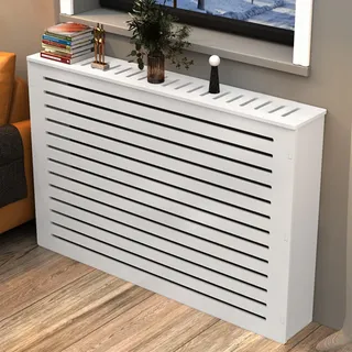 Heizkörperverkleidung Holz Heizkörper Abdeckung Weiß Vertikal Lamell Heizungsverkleidung Modernes Schrank Lamellen-Design Heizkörperabdeckung Radiator Cover für Schlafzimmer Wohnzimmer(L80*H80*T25cm/3