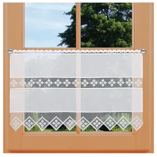 Feenhaus-Scheibengardine Lydia Vogtländische Spitze in weiß | Landhaus-Spitzengardine in geometrischer Häkelmusteroptik | fein gestickter Scheibenhänger mit Blumenmuster Höhe x Breite 47 x 119 cm