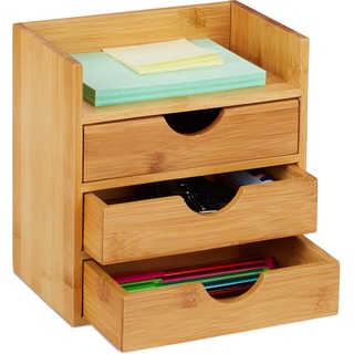 Relaxdays Natur Schreibtisch Organizer, Ablage, 3 Schubladen, für Büroutensilien, Bambus Schubladenbox, HBT: 21x20x13 cm, 1 Stück