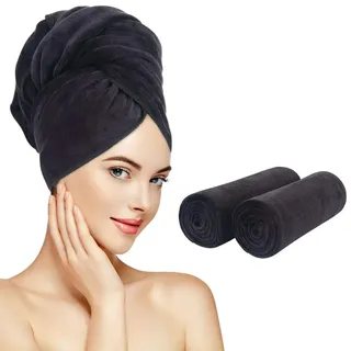 Sunland 2 Stück Mikrofaser Haartücher super saugfähig schnell trocknend Haartrockentuch Anti Frizz Haarturban weiche Kopfhandtuch mit Gummiband 100 x 50 cm Schwarz