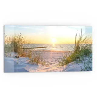 DEQORI Küchenrückwand 'Abendsonne an der Ostsee', Glas Spritzschutz Badrückwand Herdblende beige|blau|gelb 80 cm x 40 cm