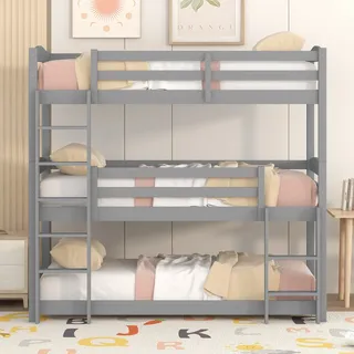 Merax Etagenbett dreifach mit Seitenleiter für Kinder und Jugendliche, 90 x 200 cm (grau) - Ohne Matratze