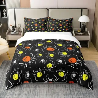 100% Baumwolle Spinne 135x200 Bettwäsche Set,Gothic Spinnen Bettbezug für Jungen Mädchen,Gelb orange Leuchtende Spinne Tröster Abdeckung,Halloween Horror Thema Bettbezug,Cartoon Spinne Bettbezug