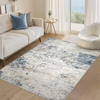 DMOYEST Teppich Wohnzimmer Modern 120x170cm Beige Blau Waschbar | Kurzflor Weich Maschinenwaschbar Rutschfest, Kinder und Haustierfreundlich für Schlafzimmer Esszimmer Büro