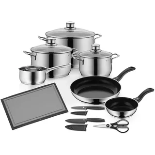 WMF Diadem Plus Topf-Set 6-tlg. 3 x Fleischtopf + 2 x Bratpfannen + Stielkasserolle inkl. Schneidebrett + 2 Messer + 1 Schere