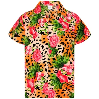 King Kameha Hawaiihemd Leopard Flowers Funky Hawaii-Hemd Herren Kurzarm Front-Tasche Unisex orange M