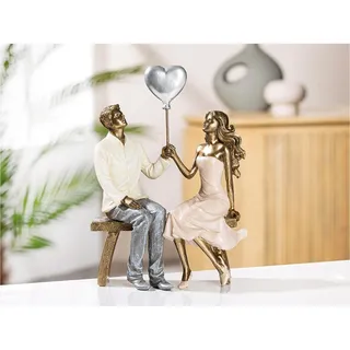 Gilde Deko Figur Paar Herz Ballon - Liebespaar auf Bank mit Herzballon Geschenk Dekoration Hochzeit - Farben: Weiß Bronze Grau - Höhe 24,5 cm